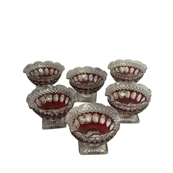 VTG Westmoreland Ruby Red Glass Compote Dishes Thumbprint Crimped Edge, Set of 6 - Picture 1 of 9